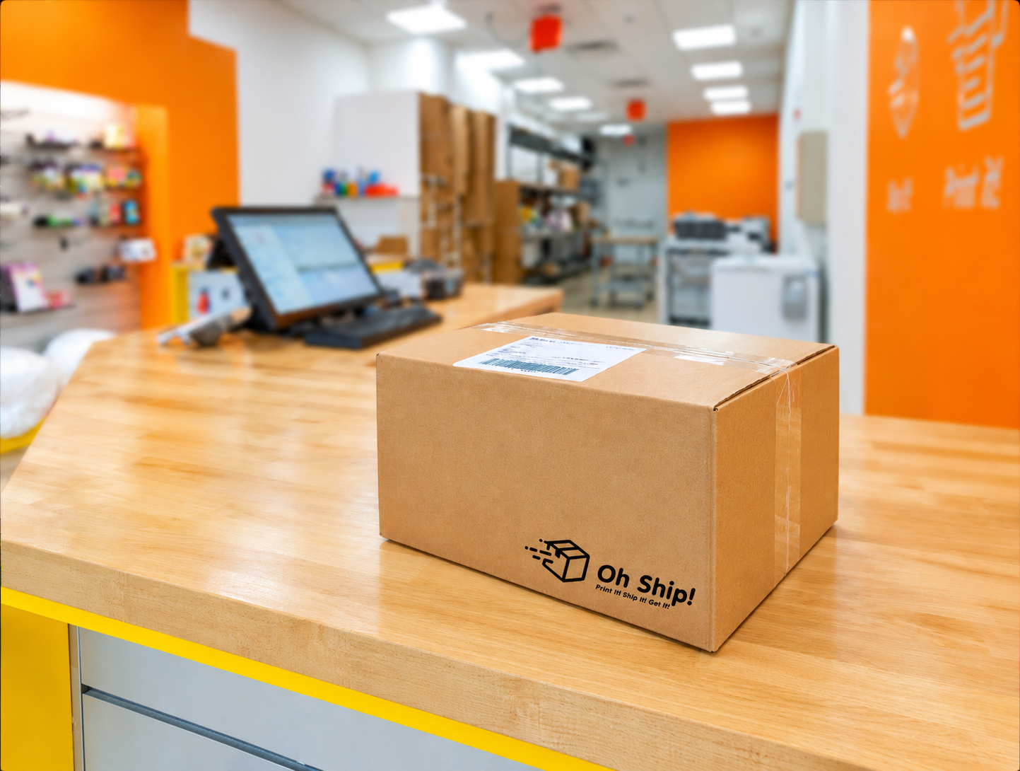 Employee using a touchscreen POS monitor at the Oh Ship! shipping and printing store.